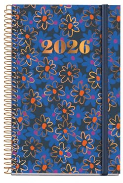 Miquelrius - Kalender 2026, Tag pro Seite, ähnlich A6+ (117 x 182 mm), Tagesplaner, fester Kartoneinband, Spiralbindung, Gummibandverschluss, Papier 80 g/m², ES-EN-PT, Daisies