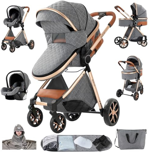 Sianldcone 3 i 1 Baby Vagn, Premium Tyger Baby Vagn 3 Delar, Tvåvägs Push Barnvagnar, Öppen Vision Vändbar Walk-Stol (YV9 Grey)