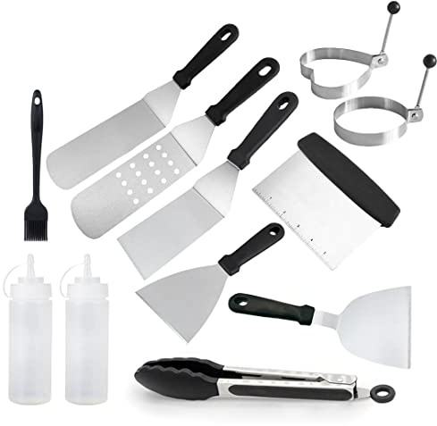 Grillverktyg, Tillbehör for platt grill, stekhälltillbehörskit med stekspade, skrapa, tång och äggringar, for utomhusgrillning och camping