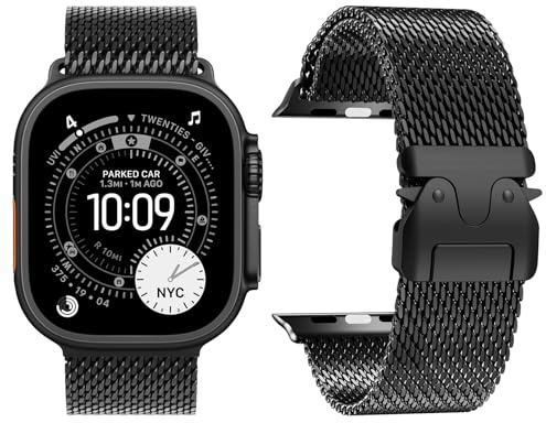 Milanese Loop remmar kompatibla med Apple Watch-rem Ultra 2/Ultra 49 mm, 46 mm, 45 mm, 44 mm, 42 mm (serie 3 2 1), kvinnor, män, fallskärm-stil, spänne, metallnätögla, armband för iWatch 10, 9, SE, 8