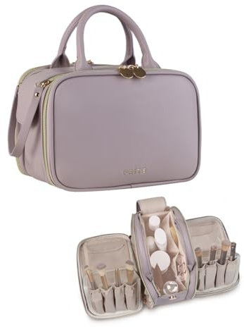 Prite Makeup Bag for Women, Large Capacity Waterproof Travel Cosmetic Organizer, Portable Open Flat Toiletry Bag with Free-standing Brush Holder and Handle(Purple Meidum)
