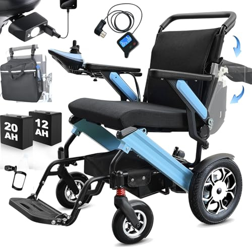 WEYRAL Elektrorollstuhl Faltbar(Blau), 20AH und 12AH Lithium-Batterie, 50+KM Rollstuhl Elektrisch, Mit Hecksteuerung, Elektrorollstuhl bis 150KG, Elektro Rollstuhl für Senioren