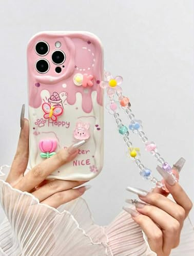 Générique Coque Compatible iPhone 15 Kawaii Antichoc TPU avec Chaîne de Perles, Motif Lapin et Papillon, Design Dripping Rose et Crème, Décoration 3D