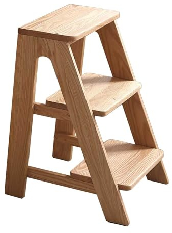 Drsyffsup Escabeau en Bois, escabeau 3 marches/Chaise de comptoir/Tabouret d'armoire de Cuisine avec Large pédale antidérapante, échelle Robuste en Bois Massif, escabeau pour Adultes(Natural)