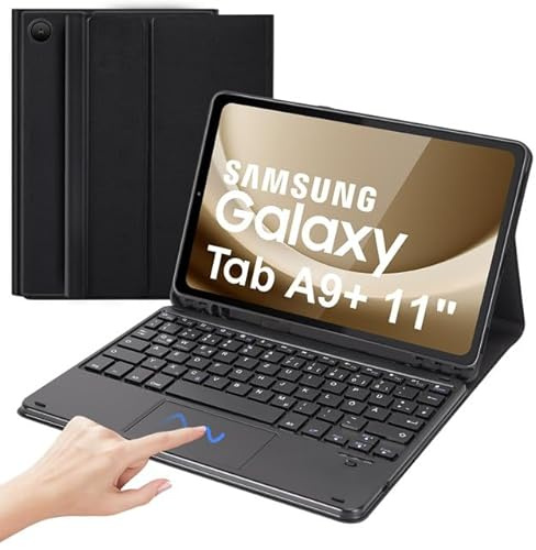 SOPPY Tastaturhülle mit Touchpad für Samsung Galaxy Tab A9 Plus 2023/A11 Plus 2025 11 Zoll (SM-X210/X216/X218), Schutzhülle Kabellose Bluetooth Tastatur Hülle- Deutsches QWERTZ, Schwarz
