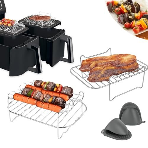 Zurimba Air Fryer Racks Stainless Steel Layered Dehydrator Grilling Racks with Skewers, for Dual Ninja Air Fryer [AF300UK] [AF400UK], Tower, Salter for 7.6L-9.5L Double Zone Air (1 Layer Grey)