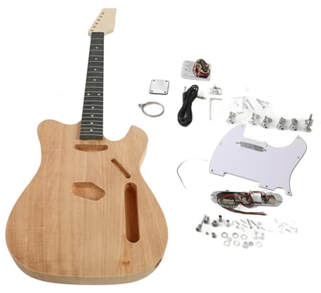Eujgoov Unvollendeter DIY-E-Gitarren-Bausatz, 6-saitiger Pfirsichkern, Korpus, Ahornhals, Palisandergriffbrett, 2 Single-Coil-Tonabnehmer, 1 Kabel