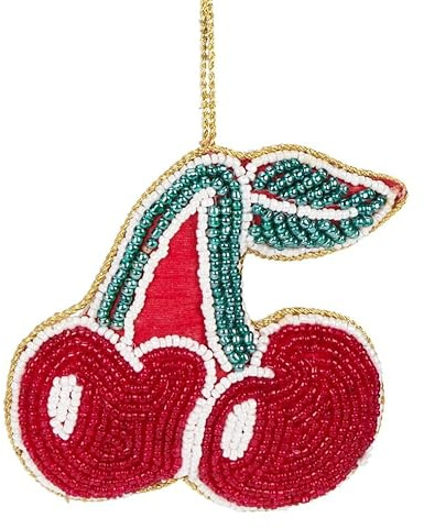 Cherry Beaded Fruit Christmas Tree Bauble | Colourful Fabric Fruit-shaped Tree Ornaments | Beaded Hanging Decorations