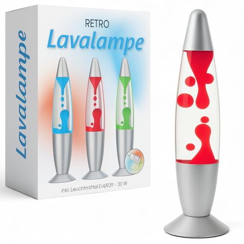 MIJOMA Retro Lavalampe – Stimmungslicht aus Glas & Aluminium mit silbernem Fuß – Lavaleuchte mit E14 Leuchtmittel & Schnurschalter – Dekolampe im kultigen Design (Rot, 30cm)