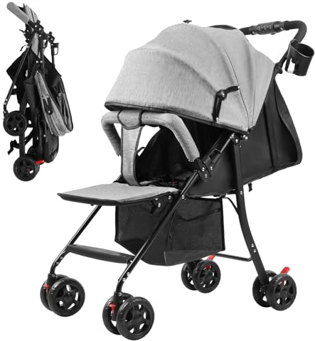 Baby Pushchair Stroller– One Hand Easy Fold Travel Buggy, Travel Pushchair with Adjustable Backrest, Canopy, Storage Basket (Grey)