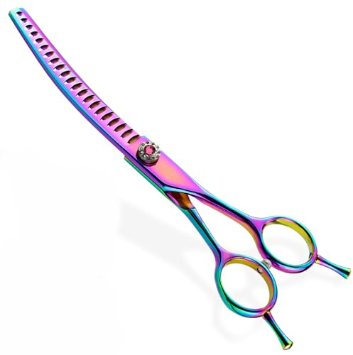 Curved Chunkers Dog Grooming Scissors, Curved Thinning Shears Dog Grooming, 7 Inch Portable Lightweight Colorful Pet Scissors for Cat Home Use