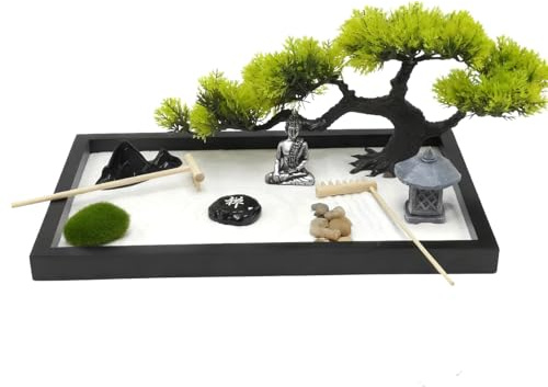 SCBOY Jardin Zen en Miniatura 12x8 Pulgadas Incluye Arena Estatuas Palos Bandejas Piedras Etc Accesorios para jardín Zen Adecuado para la decoración como Regalo para la meditación