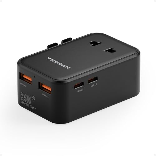 TESSAN Reiseadapter Weltweit PD 25W, Universal Travel Adapter, Schwarz | 2 USB C und 2 USB A, Reisestecker Adapter Weltweit, Internationaler Steckdosenadapter für Deutschland USA England