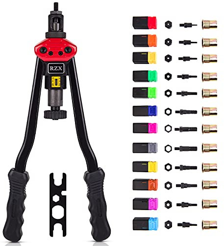 RZX Rivettatrice cieca a mano da 40,6 cm, rivettatrice rivettatrice con sistema di regolazione del dado, 12 mandrini M3 M4 M5, m6, m8, m10 M12, 10-24, 1/4-20, 5/16-18,3/8-16,1/2-13 +111 5 dadi per