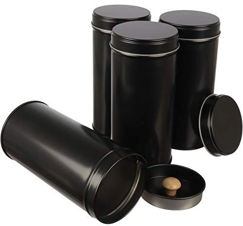 Dosenritter | 4 x schmale Teedose/Vorratsdose mit Aromaschutzdeckel, stapelbar aus Metall für je 100g Tee | 14 x 6,6cm (H,ø) | auch ideal als Gewürzdose