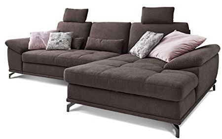 Cavadore Ecksofa Castiel mit Federkern / Großes Sofa in L-Form mit Sitztiefenverstellung, Kopfstützen und XL-Longchair / 312 x 114 x 173 / Webstoff, Dunkelbraun
