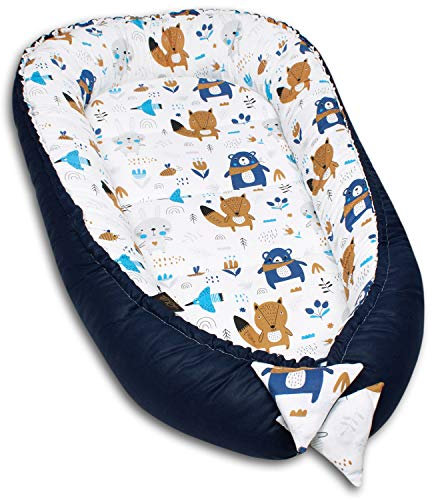PaLulli Kuschelnest 2-seitig Babynest Babynestchen Baby Nest Nestchen Reisebett Wickelauflage Kuschelbett, Kokon Kokon für Babybett - Babys und Säuglinge, 100% Baumwolle Oeko TEX (Blau Bär)