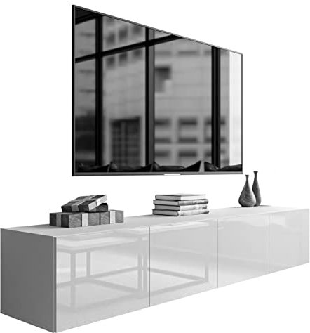 lukmebel Meuble TV Blanc 200 cm Longueur - Banc TV LED - Meuble Tele Blanc