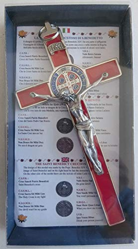 GTBITALY 10.004.11 Croce Argento rosso San Benedetto 20 CM Smaltata con Scatola Box Gift prete sacerdote esorcista esorcismo Suora Chiesa