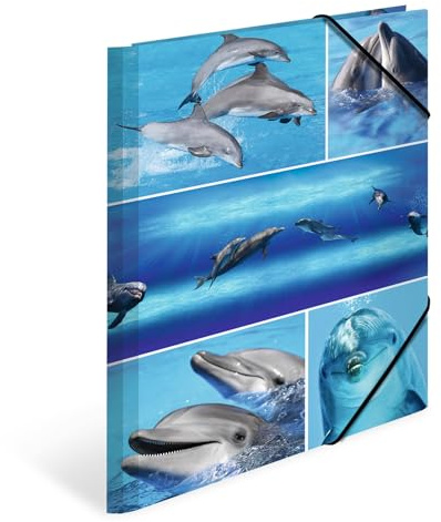 HERMA Folder A4 Dolphins Set, 3 Pieces, Children's Cardboard Corner Folder with Animal Motif, Elastic Band, Inner Flaps and Inner Print for Boys and Girls