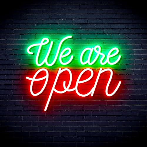 LED-Neonschild mit Aufschrift We 're Open Flex, Silikon, Grün und Rot, st16s33-fnu0424-gr