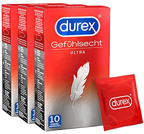Durex Gefühlsecht Ultra Kondome – 20% dünnere Spitze, mit Silikongleitgel befeuchtet, transparent, angenehmer Geruch – 10 Stück (3er Pack)