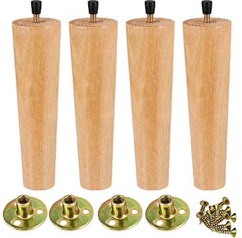 HEIHAK 4 Pack 20cm / 8 inch Wooden Furniture Legs, Solid Wood Sofa Legs, Wood Sofa Replacement Furniture Feet with Mounting Plates, Screws and Non-Slip Pad for Table, Couch, Bed, Ottoman