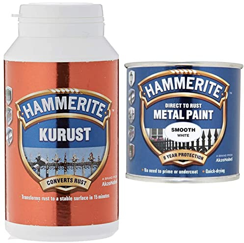 Hammerite 5092820 Kurust, 250 ml, Blue & Direct to Rust Metal Paint - Smooth White Finish 250ML