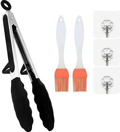 Lebensmittelzange, Küchenzange, Edelstahl-Silikon-Kochzange, ideal für Grillen, Salat, Küche, Kochen, Backen, mit 2 Silikonbürsten und 3 selbstklebenden Haken
