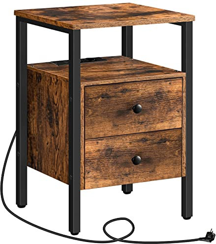 HOOBRO Nachttisch mit Ladestation, Beistelltisch, Sofatisch mit 2 Schubladen, Couchtisch mit USB-Anschlüssen für Wohnzimmer, Schlafzimmer, Modern, 40 x 40 x 61 cm, Vintage EBF43CBZ01G2