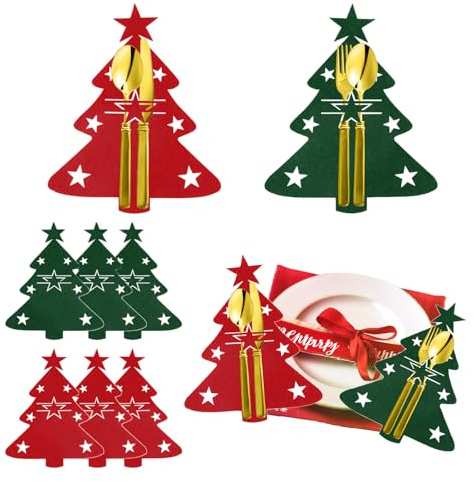 FainFun Weihnachtsbaum Bestecktasche, 24 Stücke Besteckhalter Filz Weihnachten, Bestecktasche Filz Weihnachten, Besteckbeutel Weihnachten, Rot und Grün, Für Weihnachtsfeiern, Festliche Abendessen