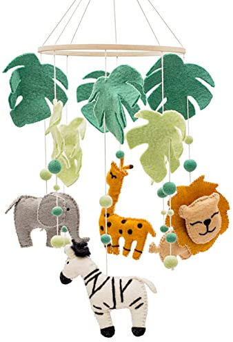 Glaciart One Baby Nursery Safari Mobile für das Kinderbett | Geschlechtsneutrales Mobile für die Dekoration des Dschungel-Themen-Kinderzimmers | Filzblätter und Tierdekorationen handgefertigt