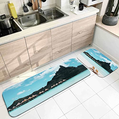 Teppich Läufer, Teppich Küche Kitchen Blau Weiß Beige Strandkorb mit Meerblick 60X90cm+60X180cm Heimtextilien
