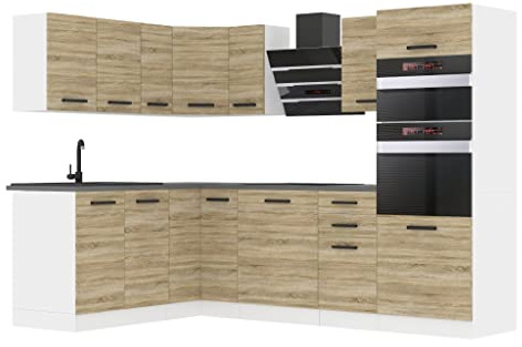 Belini - Blocco cucina Melanie a forma di L, mobili con manici, senza elettrodomestici, con pensili e mobiletti, controsoffitti, rovere Sonoma