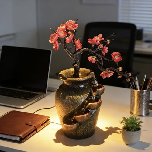 16 Flower Ornament Vase Decorative Bonsai Mini Tabletop Waterfall Fountain Indoor with Water Flow & Artificial Bouquet, Desktop Water Fountains Restaurant Coffee Home Decor or Festival Birthday Gift