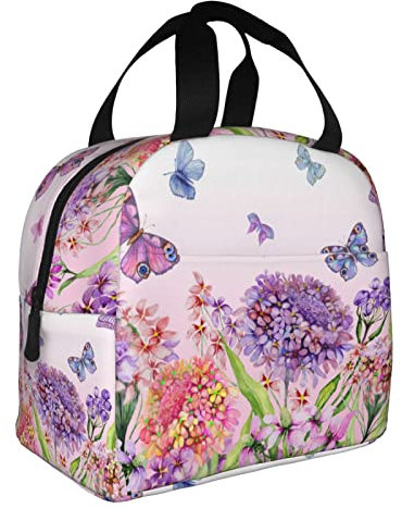 XVBCDFG Bolsas de almuerzo con estampado de flores rosas y mariposas Iberi para hombres y mujeres, fiambreras reutilizables aisladas, pequeñas bolsas de almu
