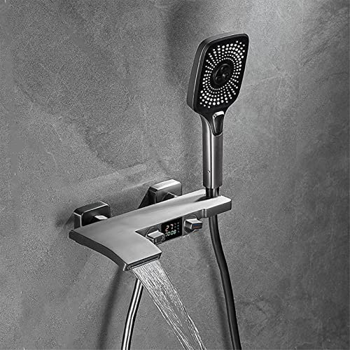 Yalsfowe Wasserfall-Badewannenarmatur, Badewannen-Mischbatterie mit Temperaturanzeige, Badewannenarmatur mit Handbrause, Einhand-Wannenarmatur Wandhalterung Badezimmer-Duschmischbatterie,Grau