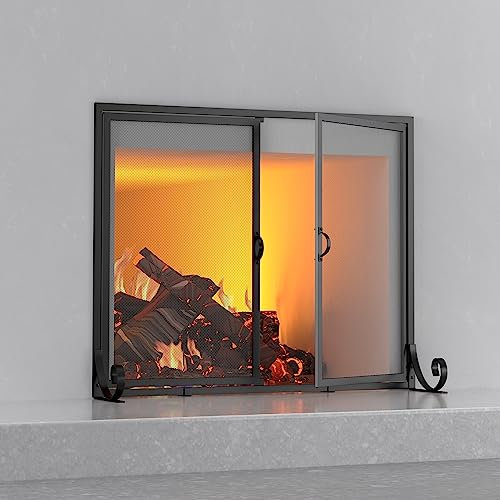 Fire Beauty Kaminblende mit Scharniertüren, pulverbeschichteter Stahlrahmen, Metallgitter, handgefertigter massiver Stahl, dekoratives Design