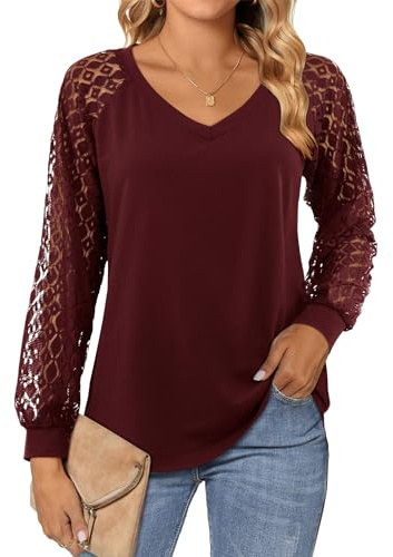 Beluring Tops for Women Casual Long Sleeve Shirt Elegant V Neck Tops Burgundy Size 12 14