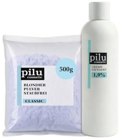 pilu cosmetic Blondierungspulver Set: 500g Blondierpulver im Beutel + 1000ml Creme Oxydant (1,9%) I Schonende Aufheller Blondierung mit Anti-Gelbstich I Wasserstoffperoxid Entwickler