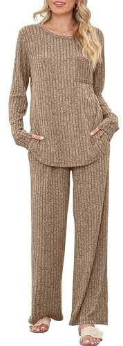 SotRong Gerippte Loungewear-Sets für Damen UK Lässige Zweiteilige Outfits Winter Herbst Warm Gemütlich Passende Pyjama-Sets Lockere Weite Freizeitanzüge Weiche Hauskleidung Schlafanzug Nachtwäsche S