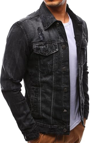 Men Distressed Denim Jacket Ripped Slim Fit Jean Coat Button Up Long Sleeve Trucker Jackets, Black, L