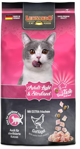 LEONARDO Adult Light & Sterilised für Katzen, 1,8kg, kalorienreduziert mit frischem Geflügel, Alleinfutter, Made in Germany | LEONARDO | Alleinfuttermittel | Für erwachsene kastrierte Katzen | Mit L-Carnitin