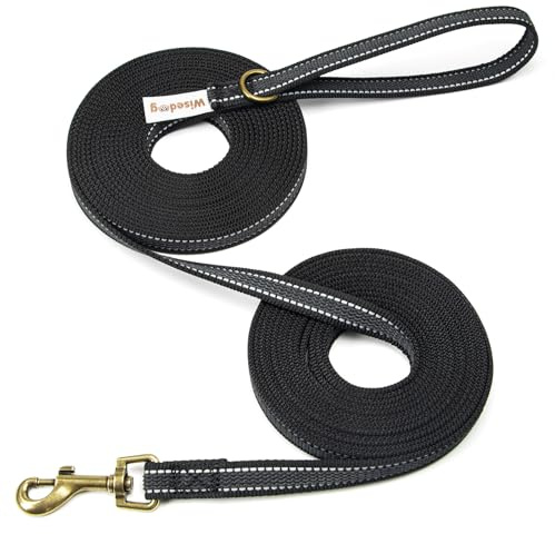 Wisedog Schleppleine für Hunde mit Reflektierenden Streifen Schwarz 5m | Hochwertiges Nylon- & Latex-Material, griffig bei Nässe, Reflektorstreifen, 360°-Karabiner, O-Ring, robust