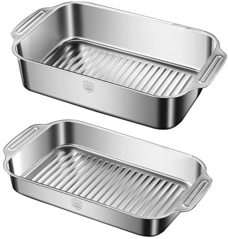 CTCOIJRN Bandeja rectangular de acero inoxidable for hornear pescado, bandeja for lasaña con fondo rayado y asas, bandeja for galletas for pasteles, bandeja for asar de 14/15,7 pulgadas, plato hondo f