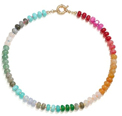 EVER FAITH Perlenkette für Damen Bunte Perlen Choker Halskette Handgefertigt Regenbogen Naturstein Boho Sommer Strand Surfer Schmuck