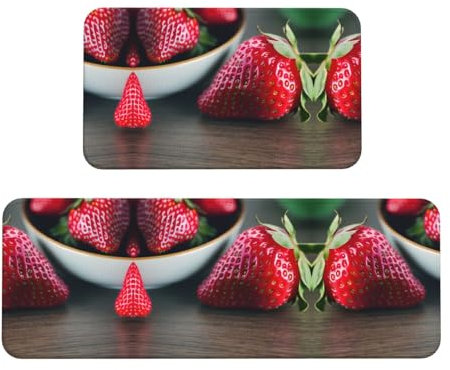 Rote Erdbeer-Küchenmatten für den Boden, Set mit 2 Anti-Ermüdungsmatten für Küche, Boden, rechteckige Teppiche