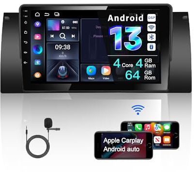 Amaseaudio Ultra-thin Android 13 Car radio for BMW X5 E53 (1999-2006), Wireless Carplay Android Audo, DSP+, 9 Touchscreen, support 4G Wifi Bluetooth 5.0 GPS navi/Rear camera