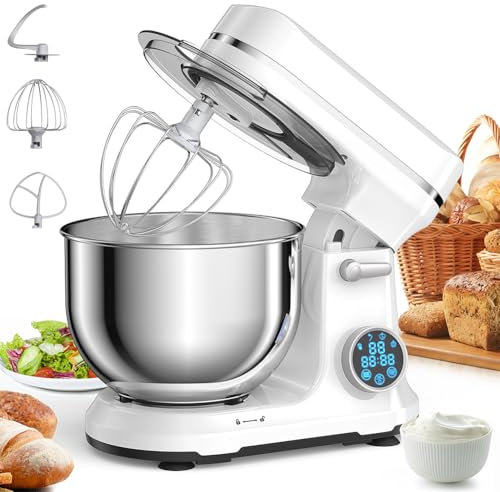 Stand Mixer, 1200W Tilt-Head Electric Stand Mixer, 5.5L Stainless Steel Bowl with K-beater, Dough Hook and Whisk, Lifting Design, Rapid Mixing in 2-3 Minutes for Daily Use for Baking white
