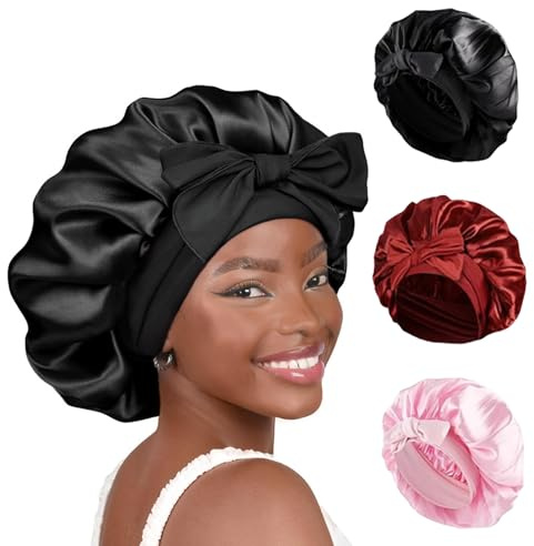 3 Stück Satin Haarhaube, Verstellbares Nacht Schlafhaube Schlafen, Atmungsaktive Schlafhaube Seide, Elastisch Bonnet Sleep Cap für Damen und Mädchen Die Nacht Haare Schützen (Weinrot, Schwarz, Rosa )